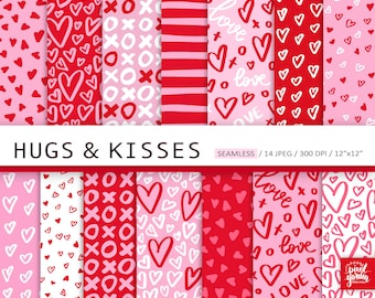 Love Seamless Patterns. Valentines Day Digital Paper. Hand Drawn Love, Heart, Xoxo Seamless Background. Doodle Love Fabric Sublimation Print