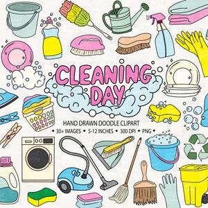Dessinés à la main des tâches ménagères Clip Art. Stickers de planificateur de corvée pour enfants Doodle. Rose, bleu, jour de lessive, ménage de printemps Clipart. Illustrations de travaux ménagers.