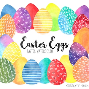 Oeuf de Pâques Clip Art. Images clipart aquarelle d'oeufs de Pâques. Images printanières aquarelles peintes à la main. Griffonnage à pois, rayures, coeurs