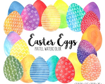 Imágenes prediseñadas de huevos de Pascua. Imágenes prediseñadas de huevos de Pascua en acuarela para álbum de recortes. Imágenes primaverales pintadas a mano con acuarela. Diseños de puntos, rayas y corazones.