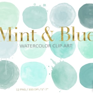 Clipart de círculos de acuarela de menta. Formas de acuarela pintadas a mano. Elementos de diseño de logotipo azul, espuma de mar y menta. Puntos de acuarela digital verde azulado