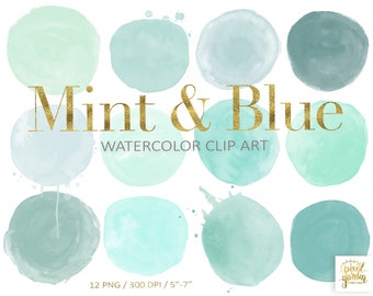 Mint Watercolor Circles Clip Art. Hand Painted Watercolour Shapes. Blue, Seafoam, Mint Logo Design Elements. Teal Digital Watercolor Dots