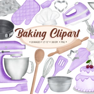 Puede incluir: Un conjunto de 20 imágenes de clipart de repostería en formato PNG. Las imágenes tienen 12-15 pulgadas y 300 DPI. Las imágenes incluyen una batidora de pie morada, una batidora de mano morada, un rodillo, una cuchara de madera, un batidor, una espátula, una manga pastelera, una taza medidora, un molde para pasteles, un molde para muffins, un cortador de galletas en forma de corazón, un cortador de galletas en forma de estrella, un gorro de chef, un guante de horno, una báscula de cocina y un pastel de dos niveles morado con cerezas en la parte superior.