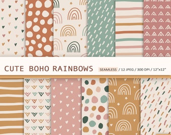Schattig boho digitaal papier. Boho regenboog naadloos patroon. Boho-achtergrond met stippen. Geometrisch plakboek. Digitaal papier voor commercieel gebruik