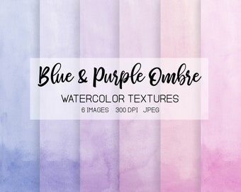 Watercolor Ombre Digital Paper. Handpainted Blue, Lavender Watercolor Textures. Pink, Purple Watercolor Wedding Invitations, Greeting Cards