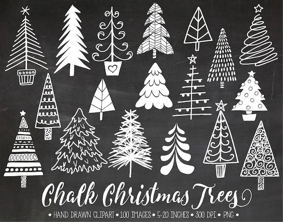 Chalkboard Christmas Tree Clip Art. Hand Drawn Chalk Christmas  Illustrations. White Doodle Winter Clipart for Gift Tags, DIY Greeting  Cards. 