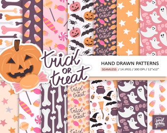 Cute Halloween Digital Paper. Hand Drawn Spooky Halloween Background. Pink, Orange Seamless Ghost, Pumpkin, Candy Illustration Background.