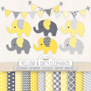 Süßer Elefant Clipart. Baby Shower Clip Art, Digital Papier, Banner. Chevron, Herz, Punkt, Streifen Muster. Gelbe, graue Kindergartenelefanten.