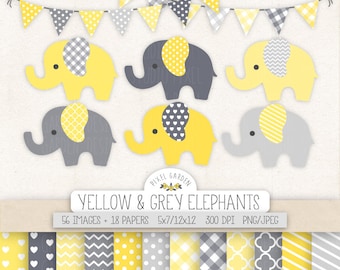 Cute Elephant Clipart. Baby Shower Clip Art, Digital Paper, Banners. Chevron, Heart, Dot, Stripe Patterns. Yellow, Grey Nursery Elephants.