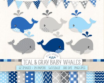 Blue Whale Clip Art. Baby Boy Shower Digital Paper & Banners in Navy, Gray, Blue. Nursery Nautical, Whale Clipart. Polka Dot, Chevron Paper.