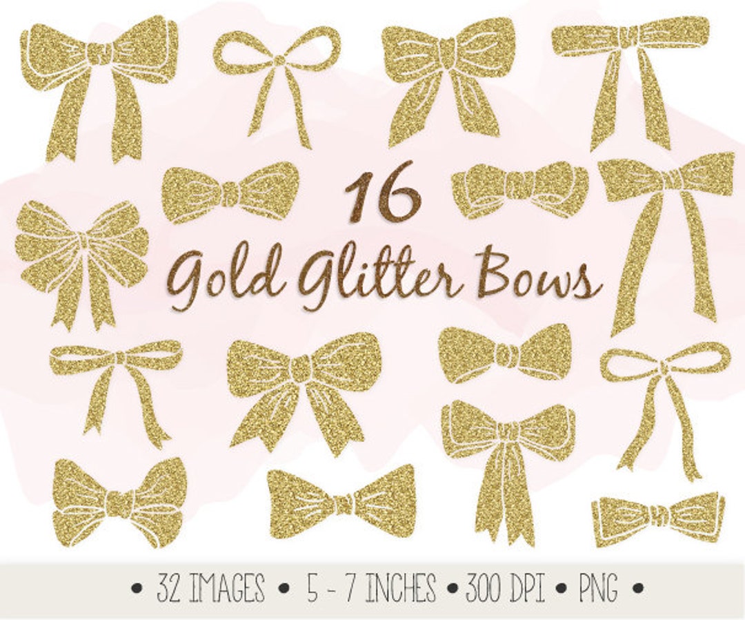 Gold Glitter Bows Clip Art. Gold Glitter Ribbons Clip Art. Hand Drawn