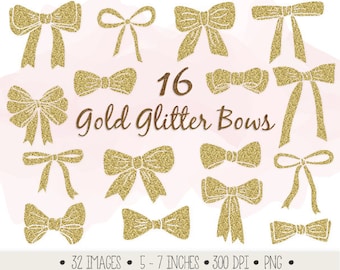 Gold Glitter Bows Clip Art. Gold Glitter Ribbons Clip Art. Hand Drawn Bows for Scrapbooking. Gold Christmas Bow. Birthday Bow Clipart.