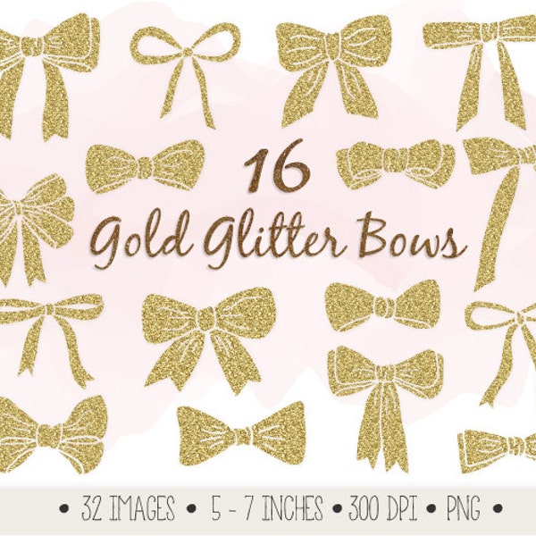 Gold Glitter Bows Clip Art. Gold Glitter Ribbons Clip Art. Hand Drawn Bows for Scrapbooking. Gold Christmas Bow. Birthday Bow Clipart.