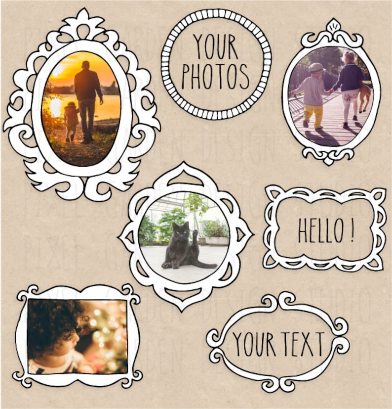 May include: Set of six black and white doodle style picture frames with different shapes and sizes. The frames are on a brown background. Some frames have text inside, including "YOUR PHOTOS", "HELLO!" and "YOUR TEXT".