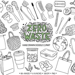 Zero Waste Clip Art. Handgezeichnet Eco Freundlich Clipart. Gekritzel-grüner Lebensstil, nachhaltige lebende Illustration. Recycling, kein Kunststoff Clipart