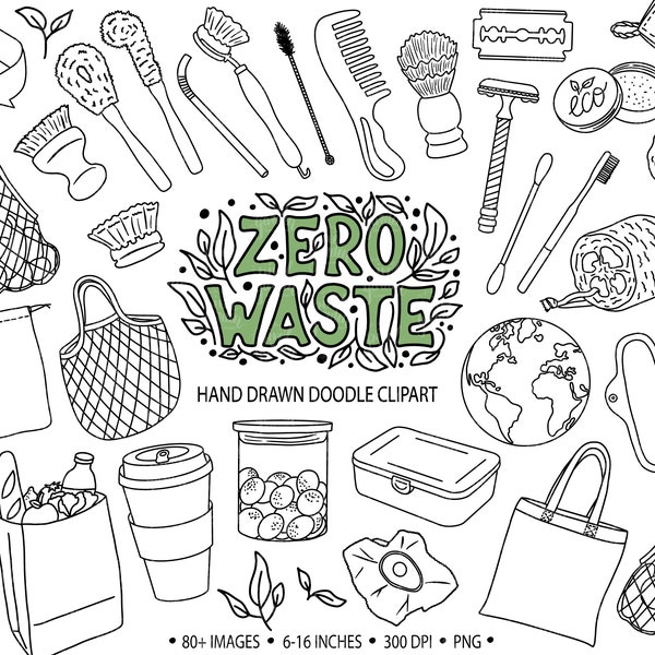 Zéro déchet Clip Art. Clipart respectueux de l'environnement dessiné à la main. Doodle style de vie vert, illustration de mode de vie durable. Recyclage, clipart sans plastique