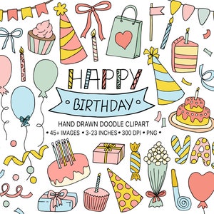 Verjaardag clipart. Handgetekende verjaardagsillustraties. Viering clipart. Illustraties taart, spandoek, ballon. Bloem, confetti doodle clipart.