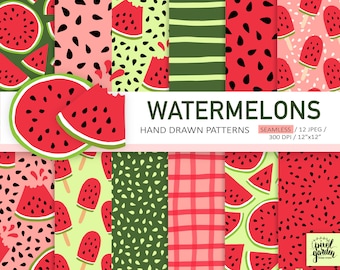 Papel digital de melancia. Papel para scrapbook de verão. Fundo de melancia sem emendas. Frutas de verão desenhadas à mão, xadrez vichy e padrões de sementes.