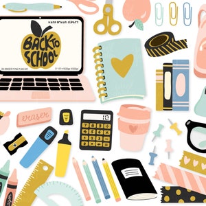 Zurück zu Schule Clipart. Handgezeichnet Schule Clipart. Büromaterial, Lehrer, Schüler Clipart. Briefpapier, Rucksack, Laptop, Notebook, Washi