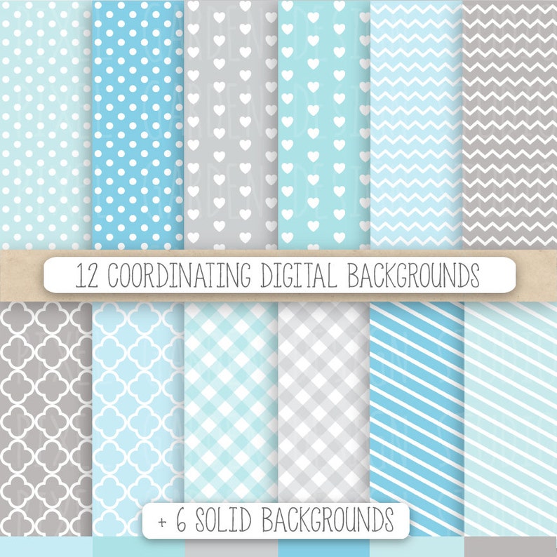 Op de afbeelding: Een verzameling van 18 digitale achtergronden in diverse patronen en kleuren. De achtergronden bevatten stippen, harten, chevrons en geometrische vormen in tinten blauw, grijs en wit. De tekst luidt "12 Coordinating Digital Backgrounds + 6 Solid Backgrounds."