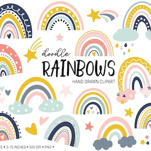 Doodle arc-en-ciel pastel Clip Art. Art pour chambre d'enfant dessiné à la main. Illustrations bohèmes arc-en-ciel. Clipart minimaliste arc-en-ciel bébé rose, menthe, bleu marine, jaune