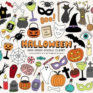 Halloween Clip Art. Hand Drawn Halloween Clipart. Doodle Halloween Illustation. Digital Pumpkin, Candy, Candle Clipart. Ghost, Spider Images