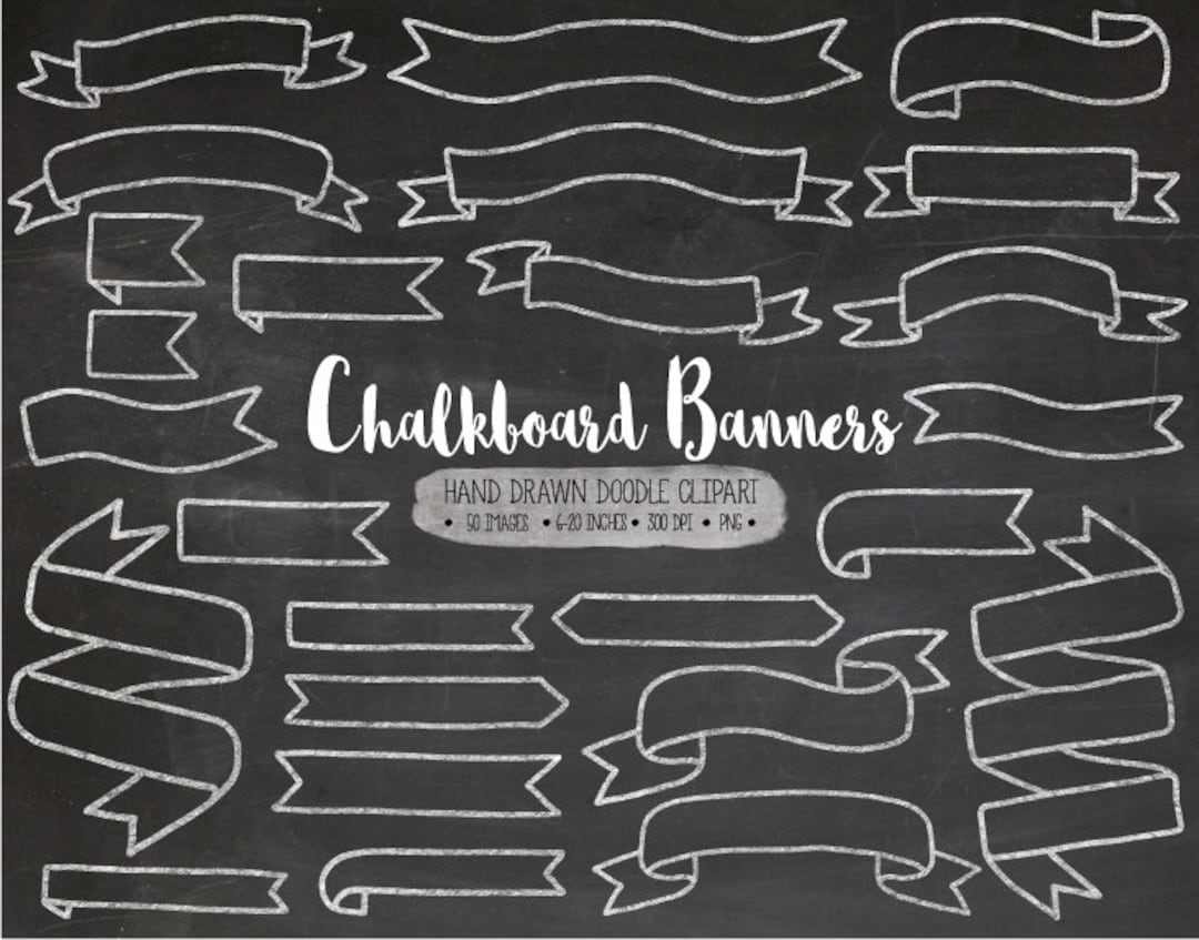 Chalkboard Banners Clip Art. Hand Drawn Ribbon Chalk Banners. White