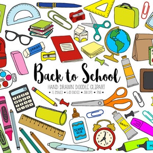 Back To School Clipart. Hand Drawn School Clip Art. Office Supplies, Teacher, Student Clipart. Doodle Stationery, Backpack, Paint, Pencil