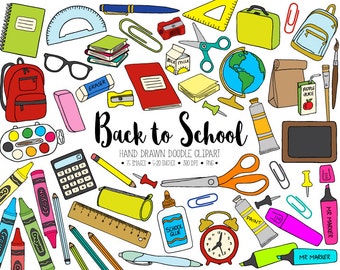Back To School Clipart. Hand Drawn School Clip Art. Office Supplies, Teacher, Student Clipart. Doodle Stationery, Backpack, Paint, Pencil