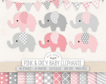 Elephant Clipart. Nursery, Baby Shower Clip Art, Digital Paper. Baby Girl Banners in Pink, Grey. Chevron, Heart, Polka Dot, Stripe Patterns