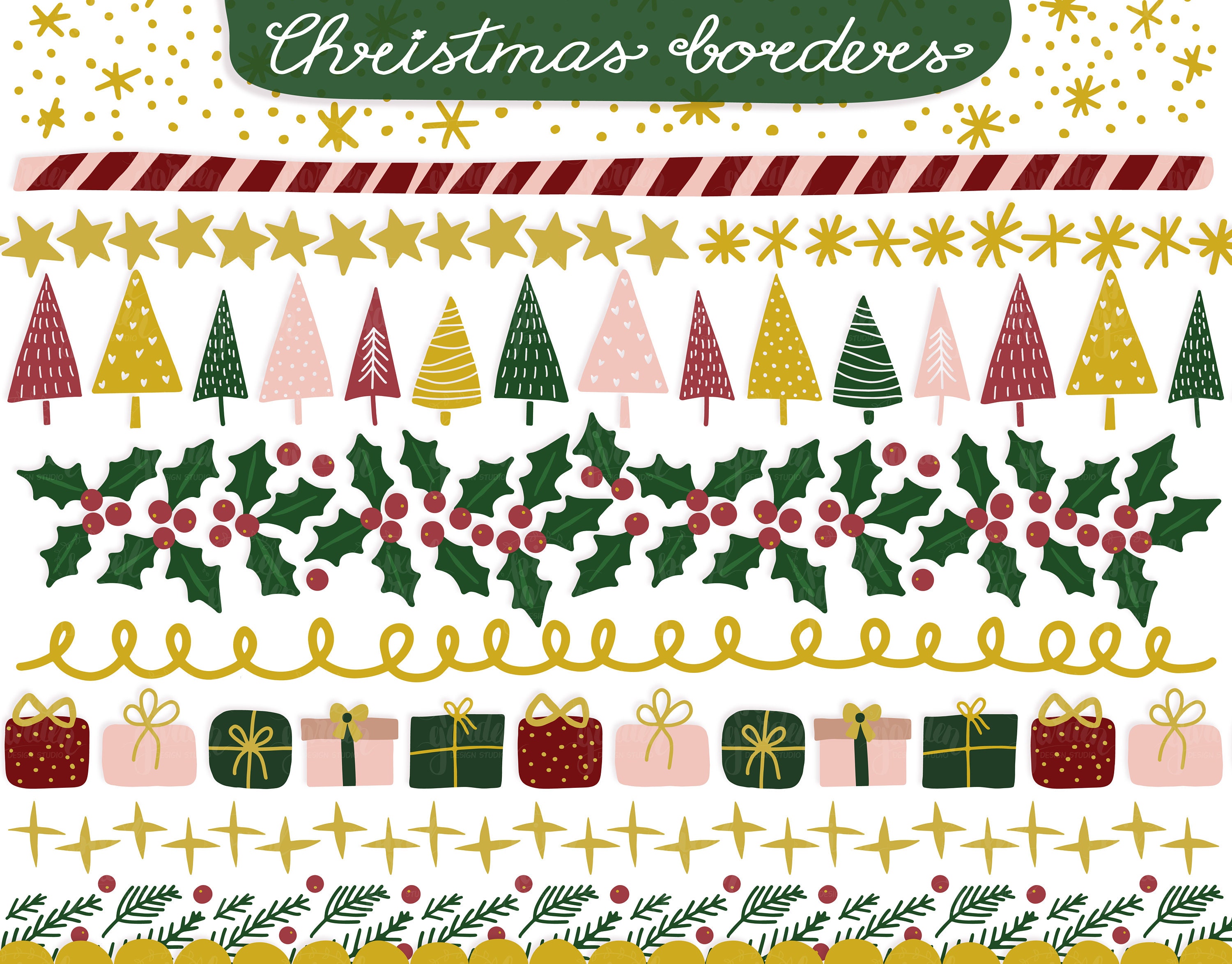 Christmas Borders Clip Art. Red Green Gold Digital Ribbon - Etsy