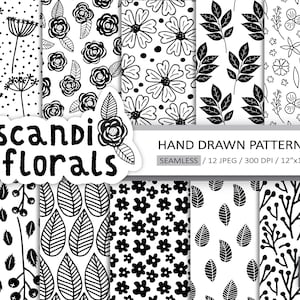 Black & White Scandinavian Digital Paper. Monochrome Hand Drawn Floral Printable Paper. Seamless Minimalist Digital Patterns. Nordic Foliage