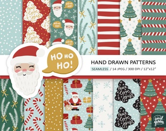 Christmas Digital Paper. Seamless Santa Claus, Chistmas Tree Patterns. Hand Drawn Candy Cane, X-mas Gifts, Snowflake, Lettering Background.