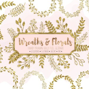 Gouden kransen & lauweren illustraties. Goudfolie bloemenelementen illustraties. Metallic goud glitter blad, wijnstok, tak en bloem scrapbook clipart.