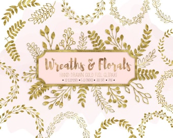Clipart de coroas e louros de ouro. Arte de clipe de elementos florais de folha de ouro. Clipart de folha de glitter dourado metálico, videira, galho e flor.