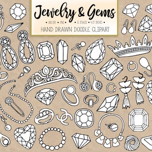 Doodle Gems, Clip Art de Jóias. Pedras Preciosas Desenhadas à Mão, Jóias, Esmeralda, Clip Art de Diamante. Coroa, Aliança de Casamento, Colar, Ilustração de Brinco