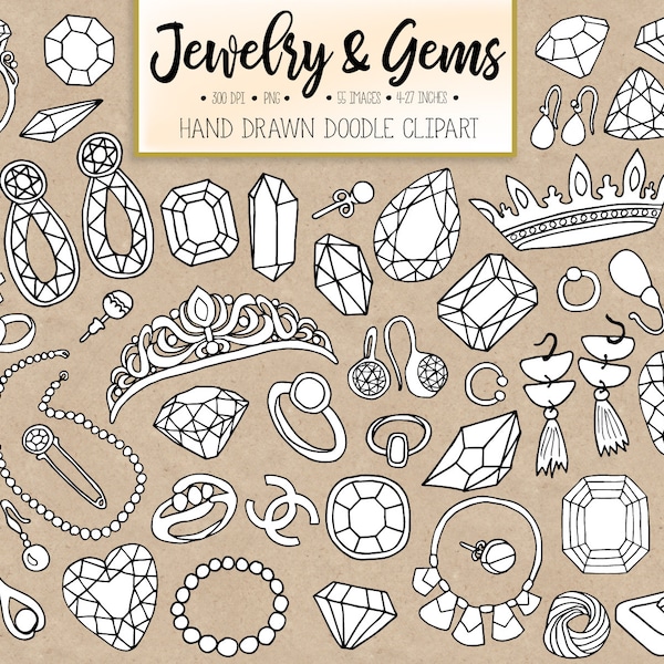 Doodle Gems, Jewelry Clipart. Hand Drawn Gemstone, Jewellery, Emerald, Diamond Clip Art. Crown, Wedding Ring, Necklace, Earring Illustration