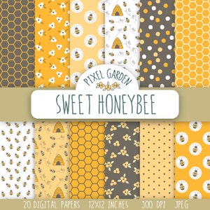 Sweet Honeybee Digital Paper Pack, Honeycomb Floral Scrapbooking Paper, Bumble Bee Digital Summer Patterns. Yellow, Brown Bee Background.