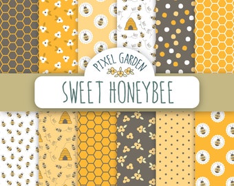 Sweet Honeybee Digital Paper Pack, Honeycomb Floral Scrapbooking Paper, Bumble Bee Digital Summer Patterns. Yellow, Brown Bee Background.