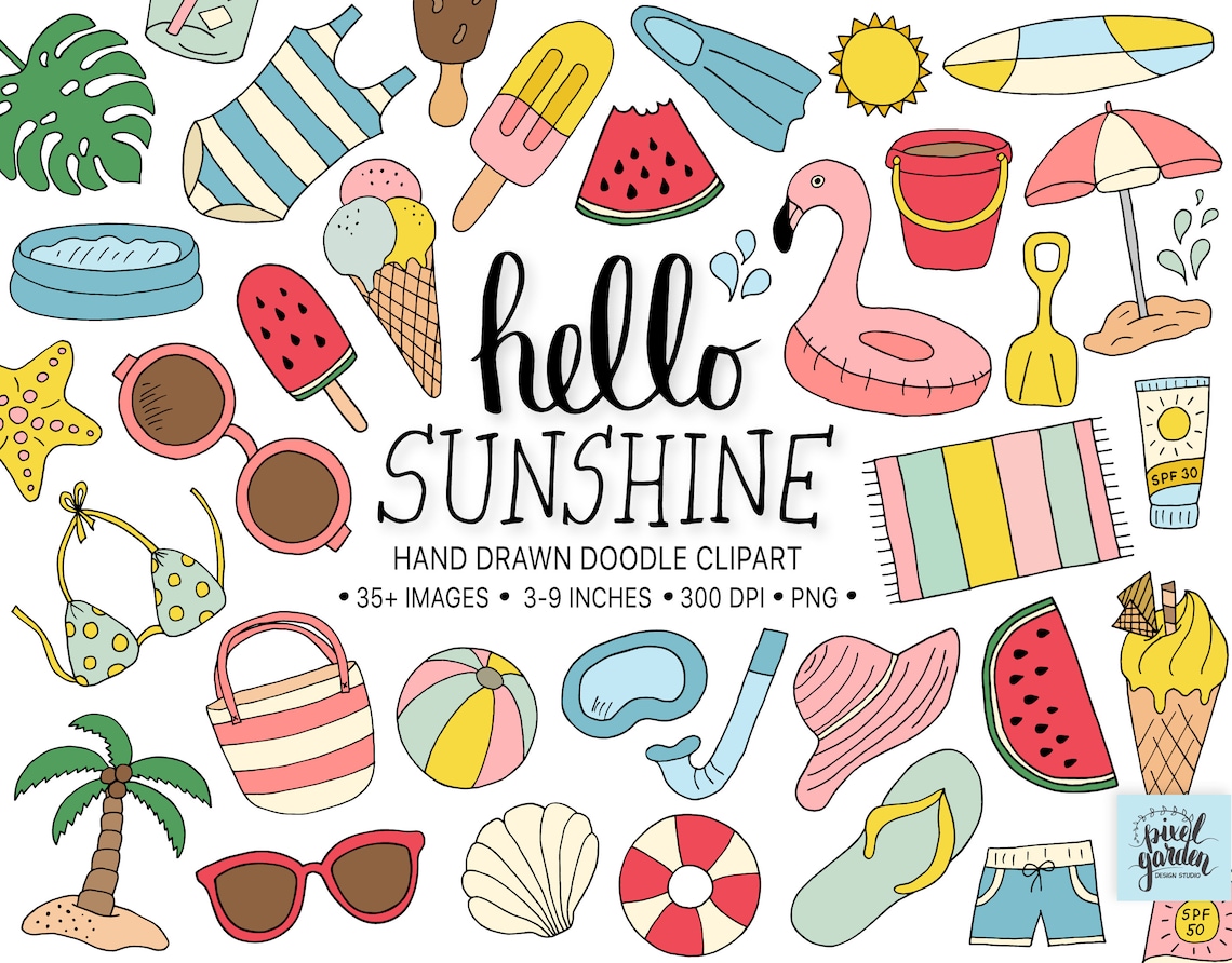 Summer Clipart. Hand Drawn Beach, Vacation, Holiday Clip Art. Doodle ...