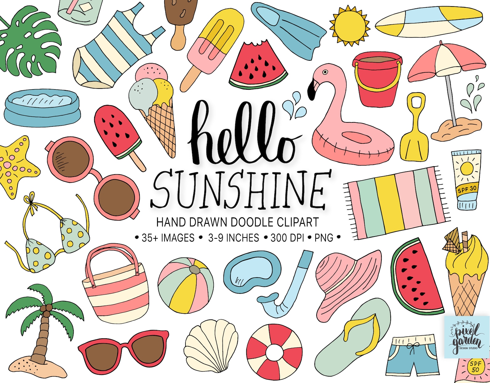 Summer Clipart. Hand Drawn Beach, Vacation, Holiday Clip Art. Doodle ...