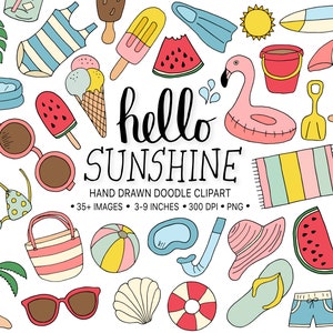 Summer Clipart. Hand Drawn Beach, Vacation, Holiday Clip Art. Doodle Ice Cream, Palm Leaf, Sunscreen, Pool, Watermelon, Sea Illustrations.