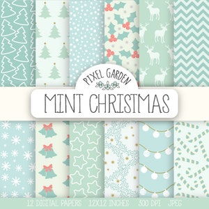 Christmas Digital Paper. Mint Christmas Background. Pastel Green Christmas Holiday Scrapbook Paper. Snowflake, Deer, Wreath, Snow Patterns