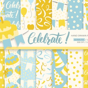 Birthday Digital Paper. Hand Drawn Seamless Party Digital Backdrop Celebration, Balloon, Banner, Confetti Blue, Yellow Scrapbook Background.