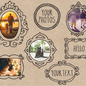 K&ouml;nnte beinhalten: Ein Satz von neun handgezeichneten Rahmen mit verschiedenen Designs. Die Rahmen sind schwarzwei&szlig; und haben einen Vintage-Look. Einige Rahmen haben Text im Inneren, wie "Deine Fotos", "Hallo!" und "Dein Text".