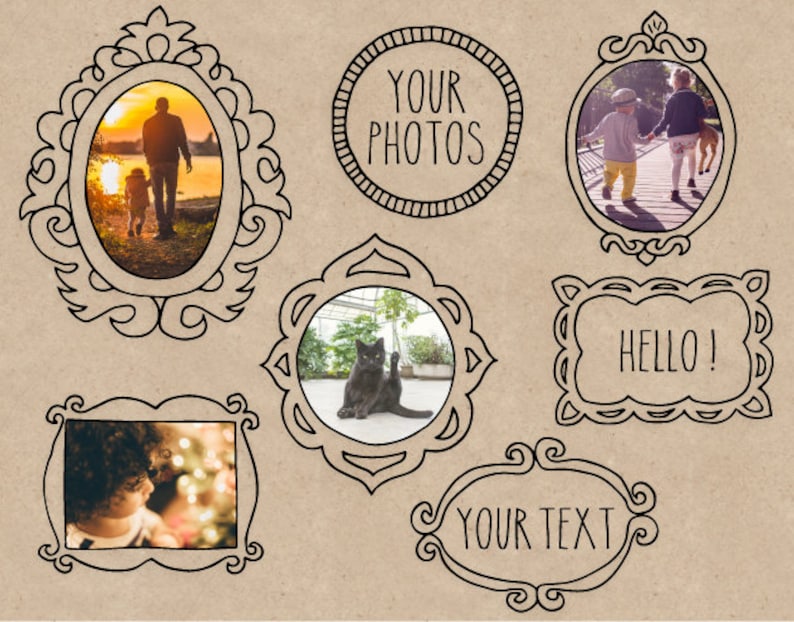 K&ouml;nnte beinhalten: Ein Satz von neun handgezeichneten Rahmen mit verschiedenen Designs. Die Rahmen sind schwarzwei&szlig; und haben einen Vintage-Look. Einige Rahmen haben Text im Inneren, wie "Deine Fotos", "Hallo!" und "Dein Text".