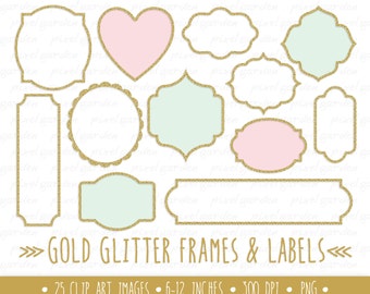 Gold Glitter Rahmen Clipart. Gold Glitter Etiketten Clip Art. Metallic Sparkle Ränder. Pink Mint und Glitter Rahmen. Goldene digitale Rahmen.