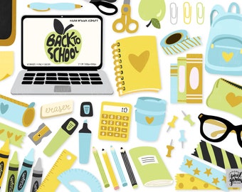 Tillbaka till skolan clipart set. Handritad skolclipart. Blå kontor, lärare, elev clipart. Skrivbordsmaterial, ryggsäck, bärbar dator, anteckningsbok, Washi