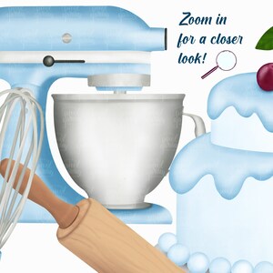 May include: A blue stand mixer with a white bowl, a wooden rolling pin, and a wire whisk. A two-tiered frosted cake with red cherries on top. The text "Zoom in for a closer look!" is written above the cake.
