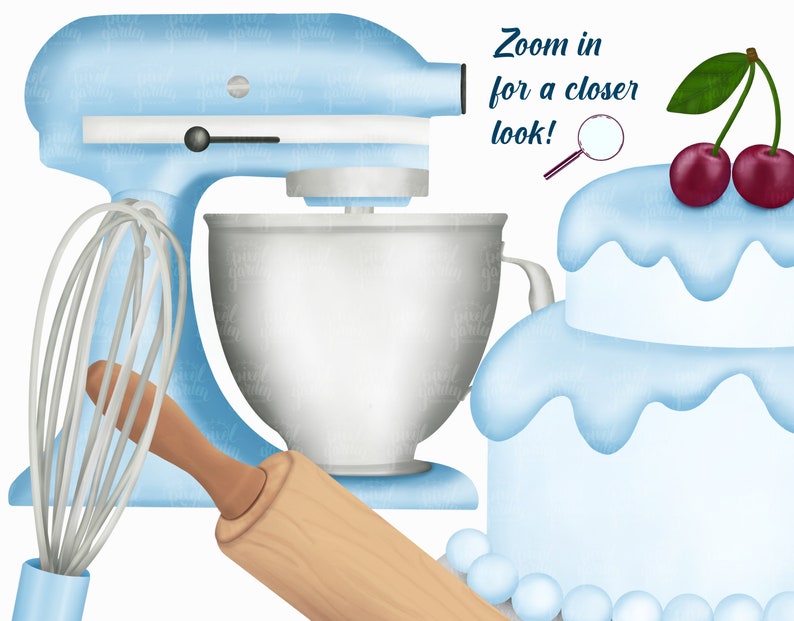 May include: A blue stand mixer with a white bowl, a wooden rolling pin, and a wire whisk. A two-tiered frosted cake with red cherries on top. The text "Zoom in for a closer look!" is written above the cake.